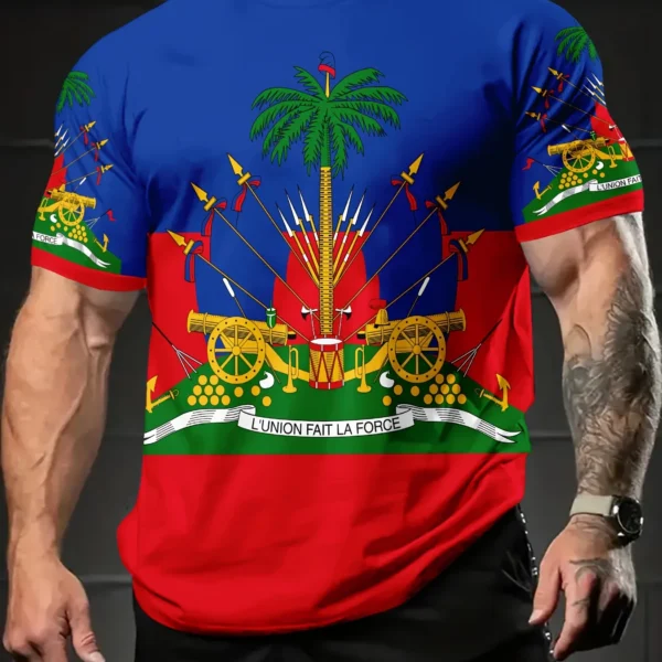 Men's Novelty T-Shirt | Vibrant Multi-Color Polyester Casual Tee with Haitian Flag & Cannon Print | Round Neck,Regular Fit