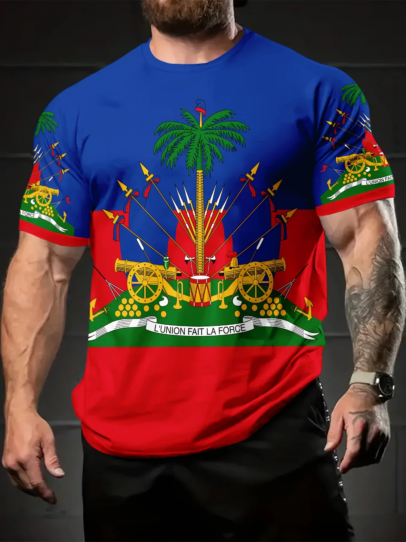 image_1 Men's Novelty T-Shirt | Vibrant Multi-Color Polyester Casual Tee with Haitian Flag & Cannon Print | Round Neck,Regular Fit - Image 1